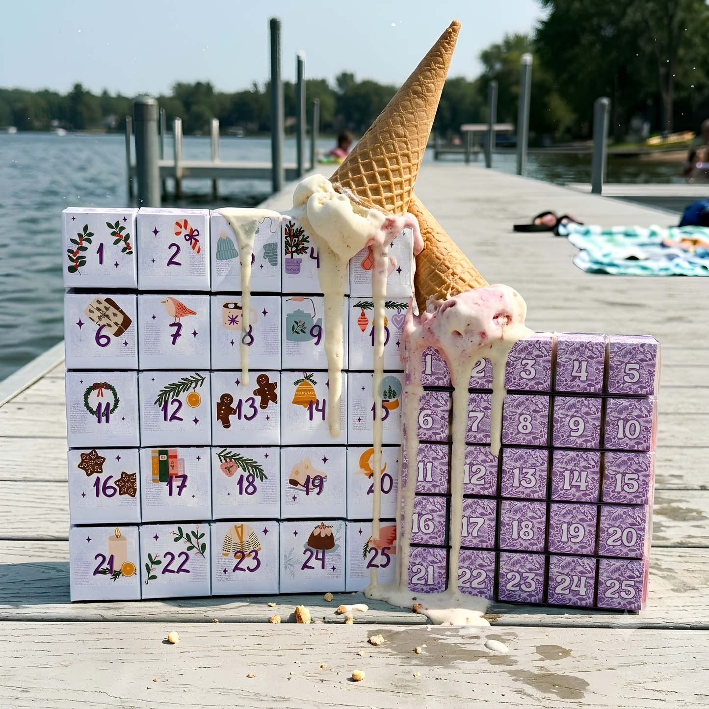 Melting ice cream cones sitting on top of two candy advent calendars on a sunny wooden lake dock.
