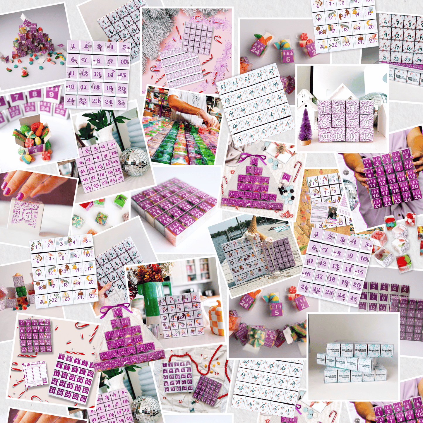 Collage of The Sugar Cube Candy Advent Calendars featuring colourful designs, candy-filled cubes and holiday countdowns from past seasons