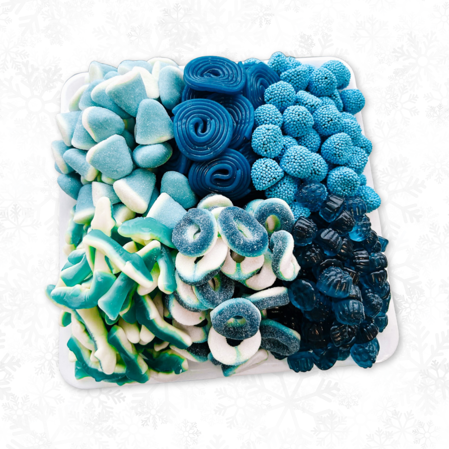 Christmas Candy Platter filled with assorted blue and white premium gummy candy from The Sugar Cube