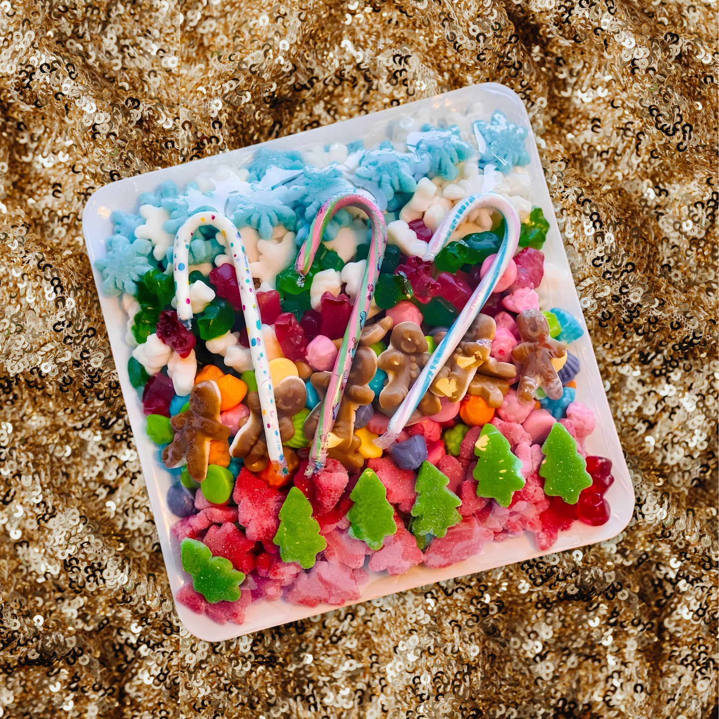 Christmas Candy Platter filled with colourful premium holiday gummies, candy canes and festive Christmas candy
