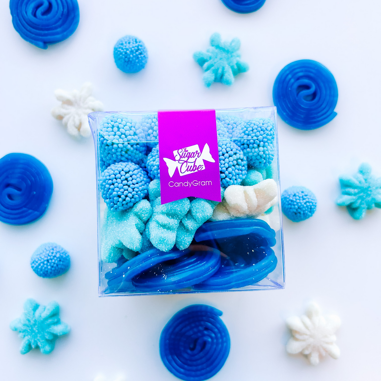 Regular holiday CandyGram featuring the Winter Wonderland mix of cool blue and white seasonal candy