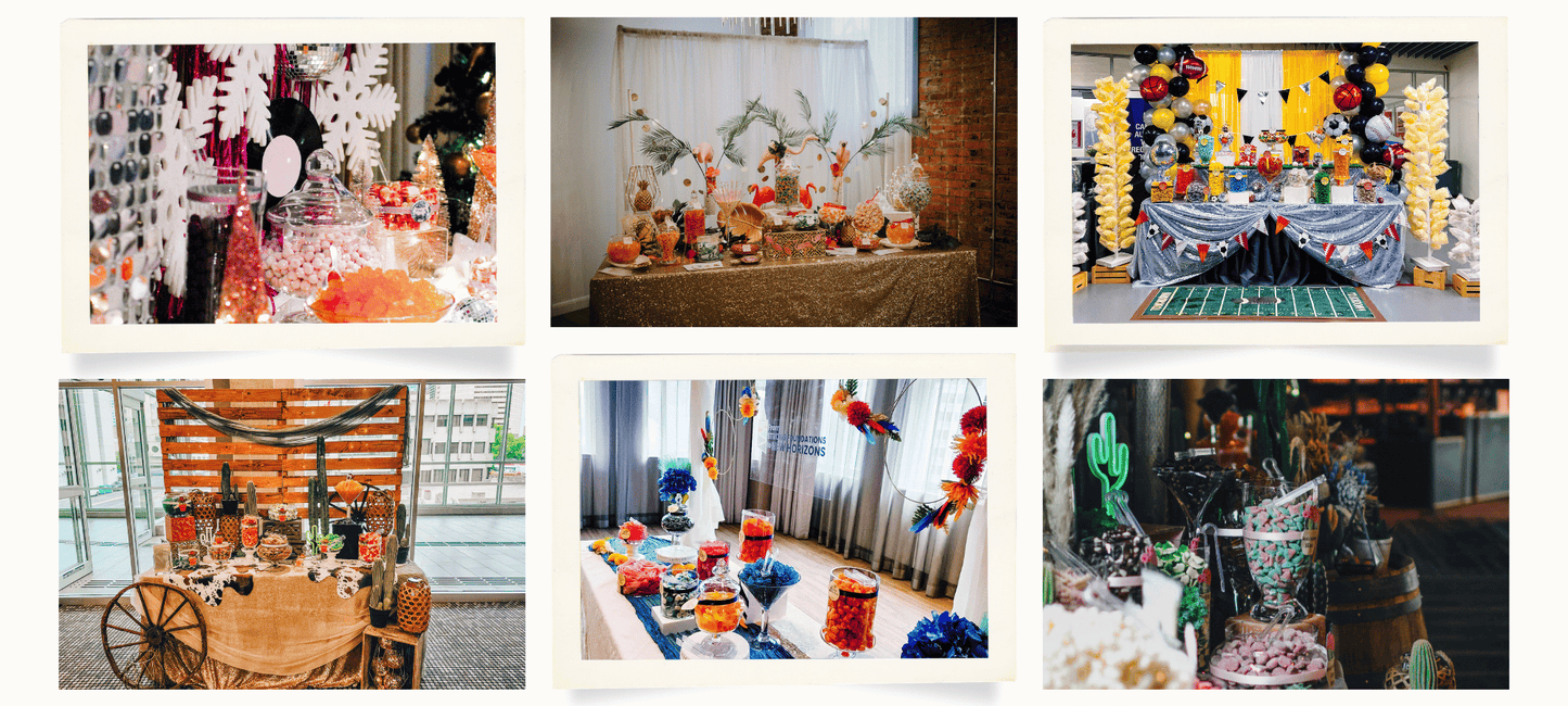 Custom corporate event candy buffets featuring branded candy and themed displays