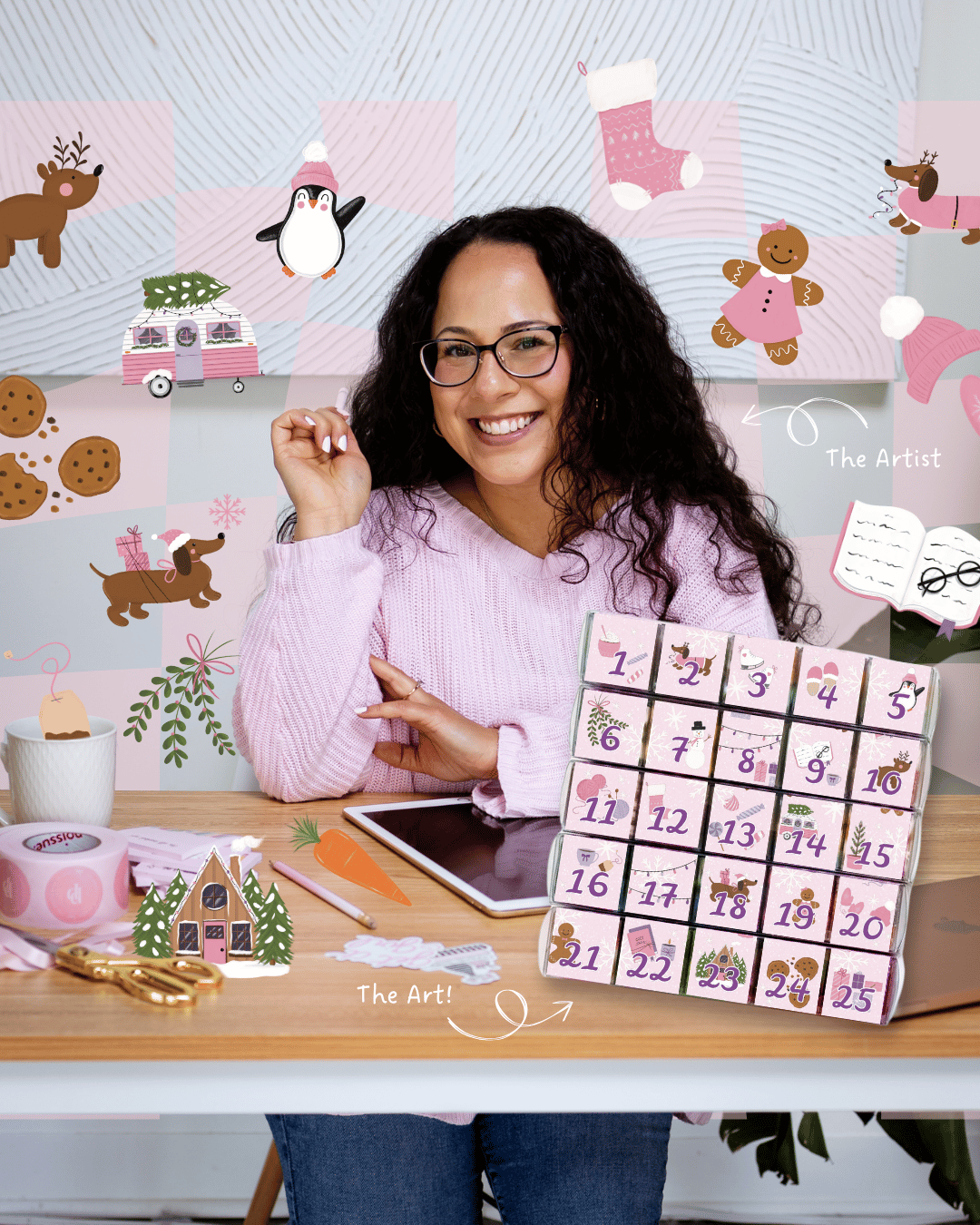 Denise Foley of The Pretty Pink Studio with her illustrated artwork for The Sugar Cube 2026 Advent Calendar.
