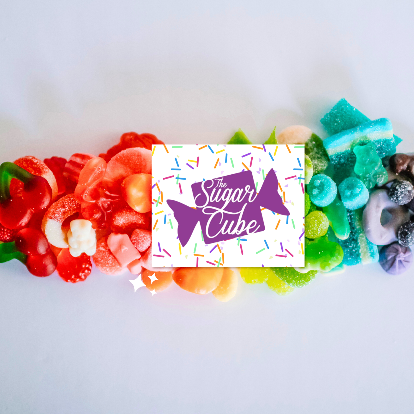 The Sugar Cube digital gift card displayed with a colourful rainbow assortment of gummy candy