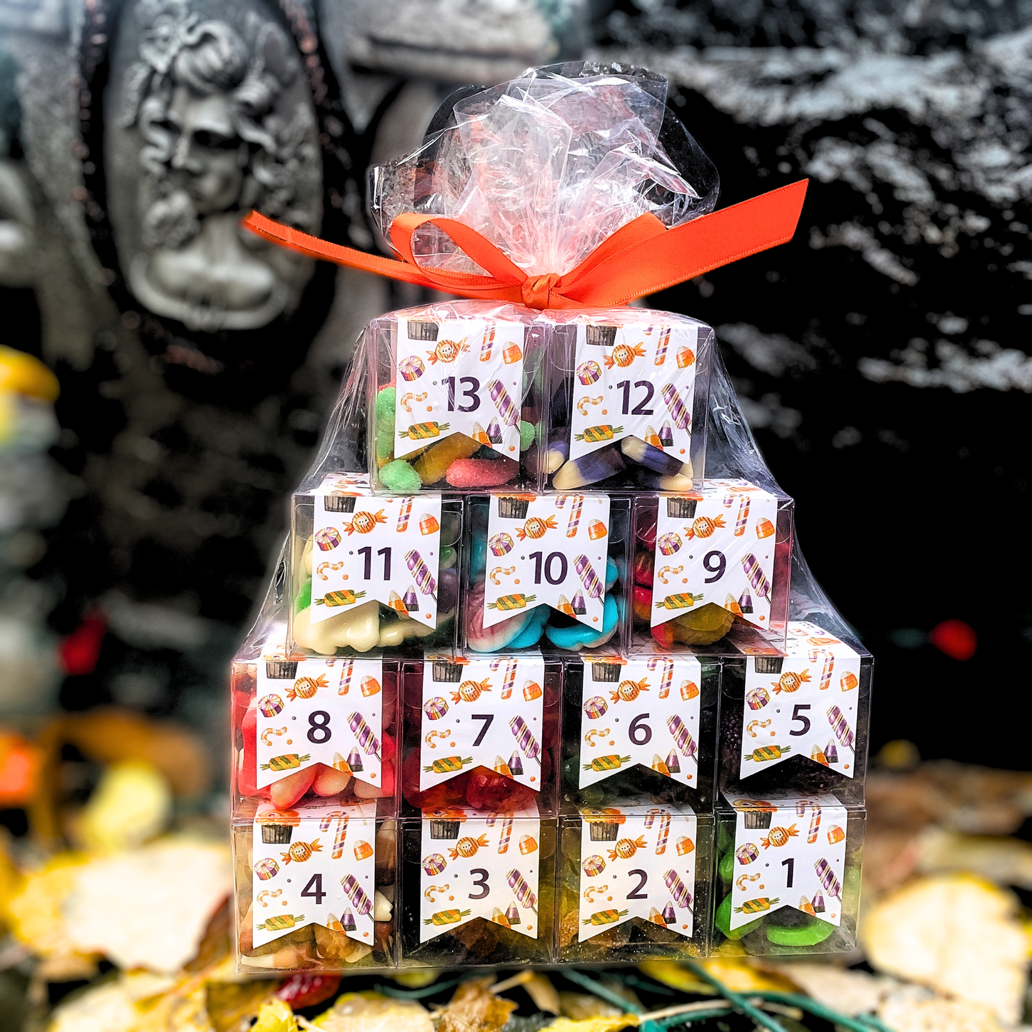 13 Fright Nights Halloween Advent Calendar filled with candy in a spooky Halloween display