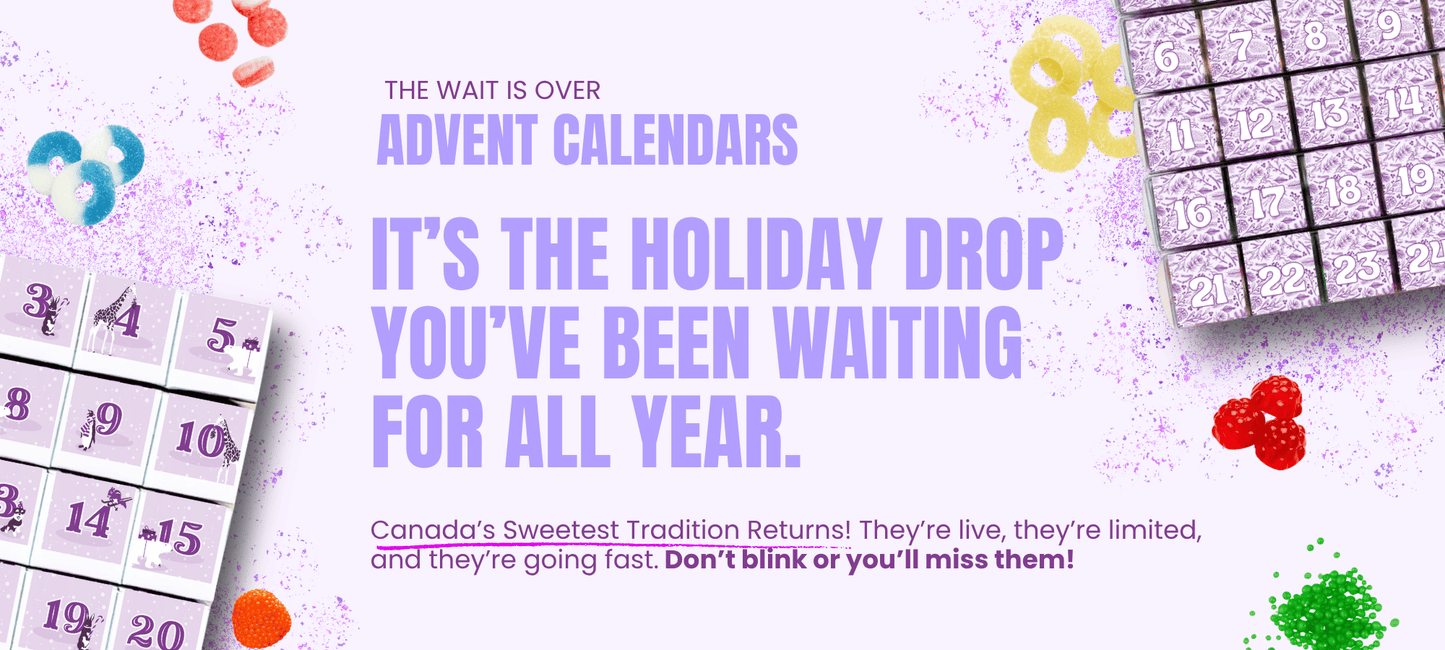 Premium candy advent calendars peeking into frame with different gummy candies.