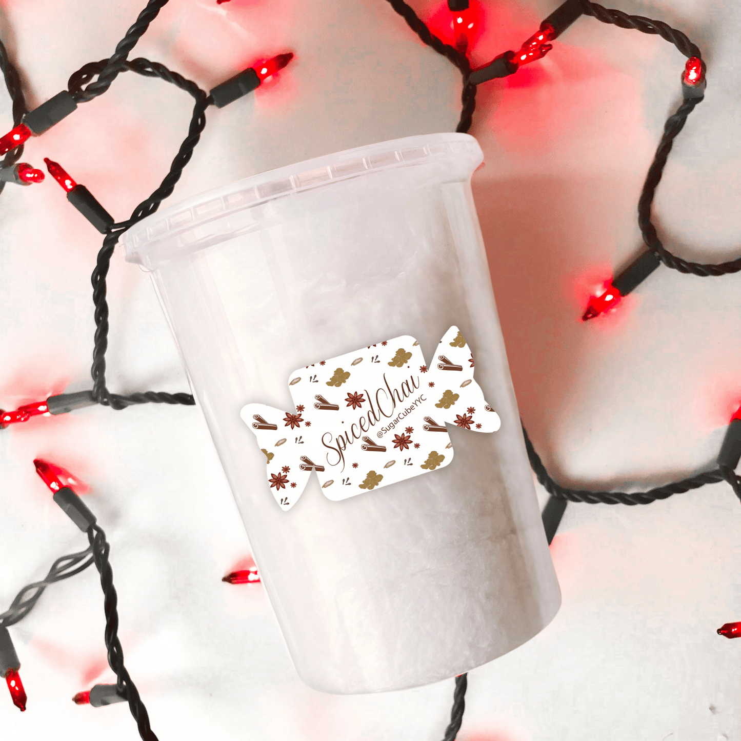Spiced Chai Winter Cotton Candy tub featuring a warm spiced seasonal flavour for cozy Christmas and holiday treats
