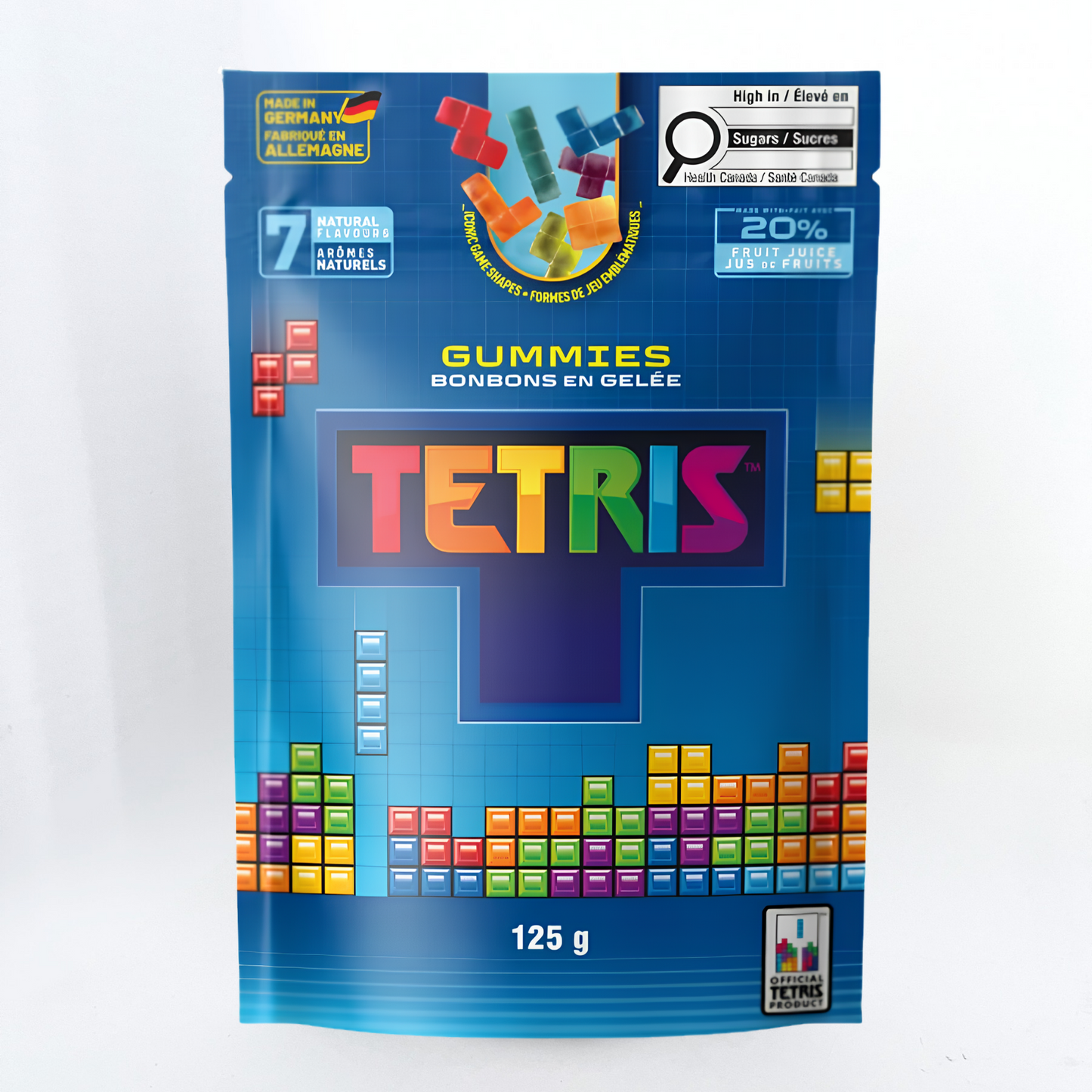 Tetris gummy candy featuring colourful Tetris block shapes in seven natural flavours