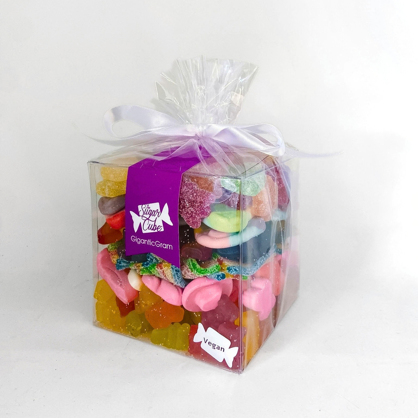 The Sugar Cube Vegan CandyGram packed with assorted colourful vegan gummies and candy.